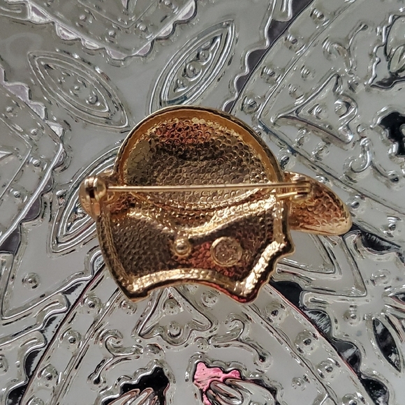 Vintage Blue and Gold Hat On Woman Brooch Sugar Coated Gems Bow - Picture 3 of 4